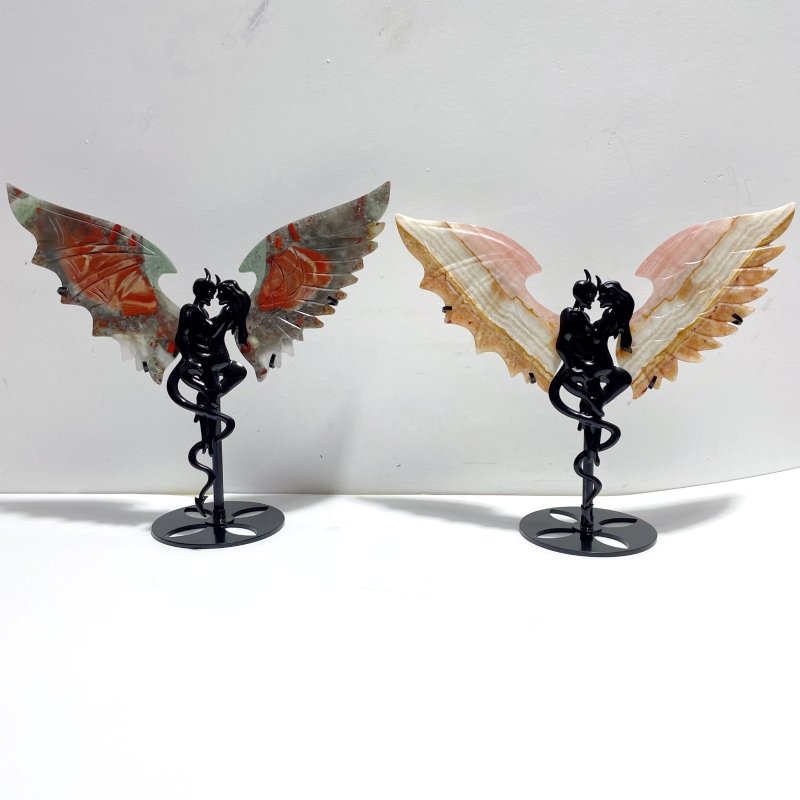 2 Pairs Demon And Angel Wing Carving With Stand Africa Blood Stone Pink Afghanistan Jade - Wholesale Crystals