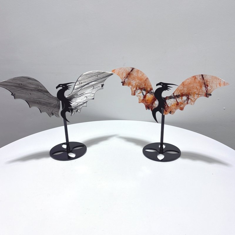 2 Pairs Flying Dragon Wing With Stand Fire Quartz Silver Obsidian - Wholesale Crystals