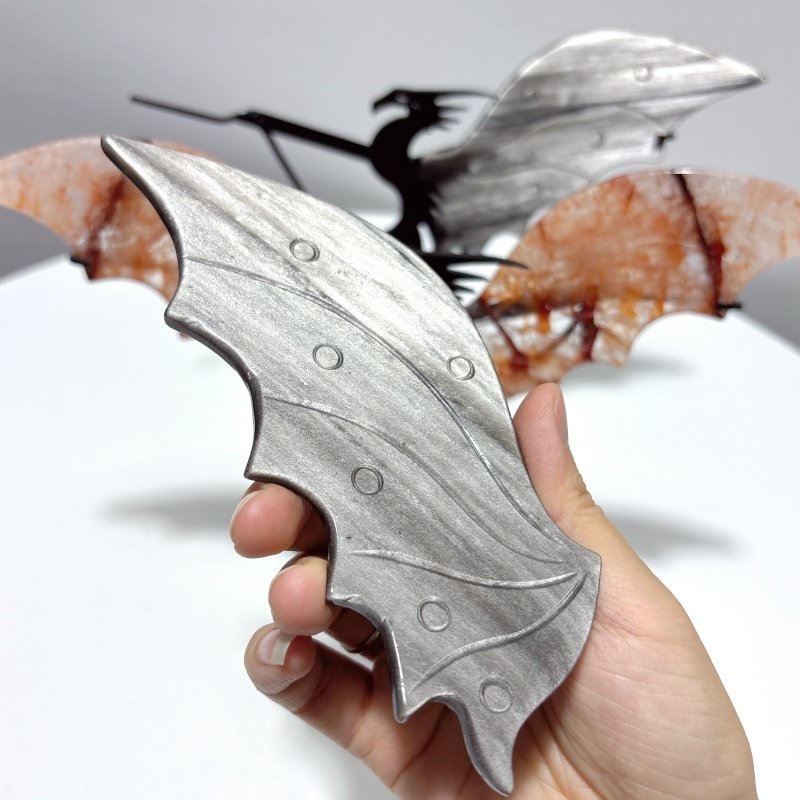 2 Pairs Flying Dragon Wing With Stand Fire Quartz Silver Obsidian - Wholesale Crystals