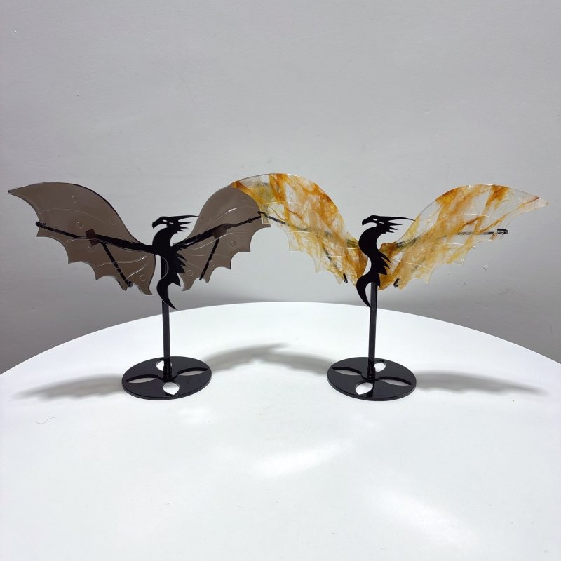 2 Pairs Flying Dragon Wing With Stand Golden Hematoid Quartz Ice Obsidian - Wholesale Crystals