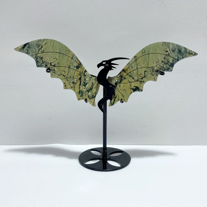 2 Pairs Flying Dragon Wing With Stand Grey Calcite Green Jade - Wholesale Crystals