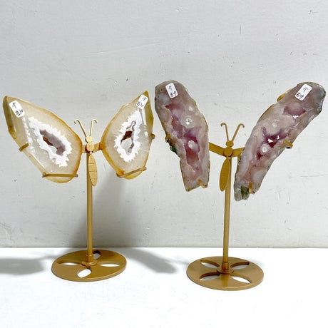 2 Pairs Geode Druzy Pink Amethyst Slab Butterfly Wing Carving With Stand #4 -Wholesale Crystals