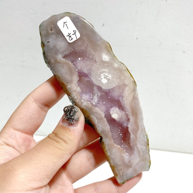 2 Pairs Geode Druzy Pink Amethyst Slab Butterfly Wing Carving With Stand #4 -Wholesale Crystals