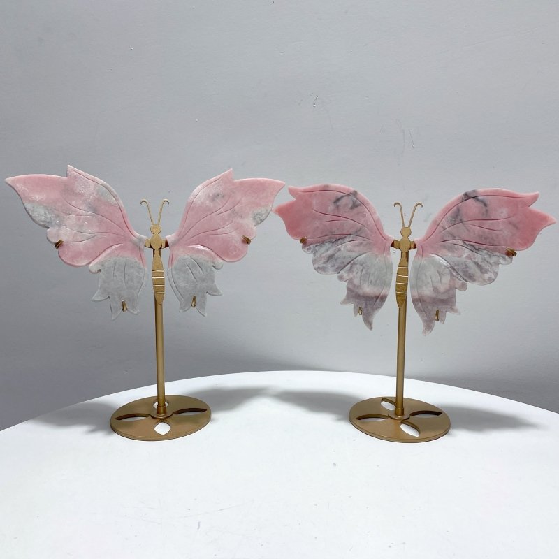 2 Pairs Pink Opal Butterfly Wing Carving With Stand - Wholesale Crystals