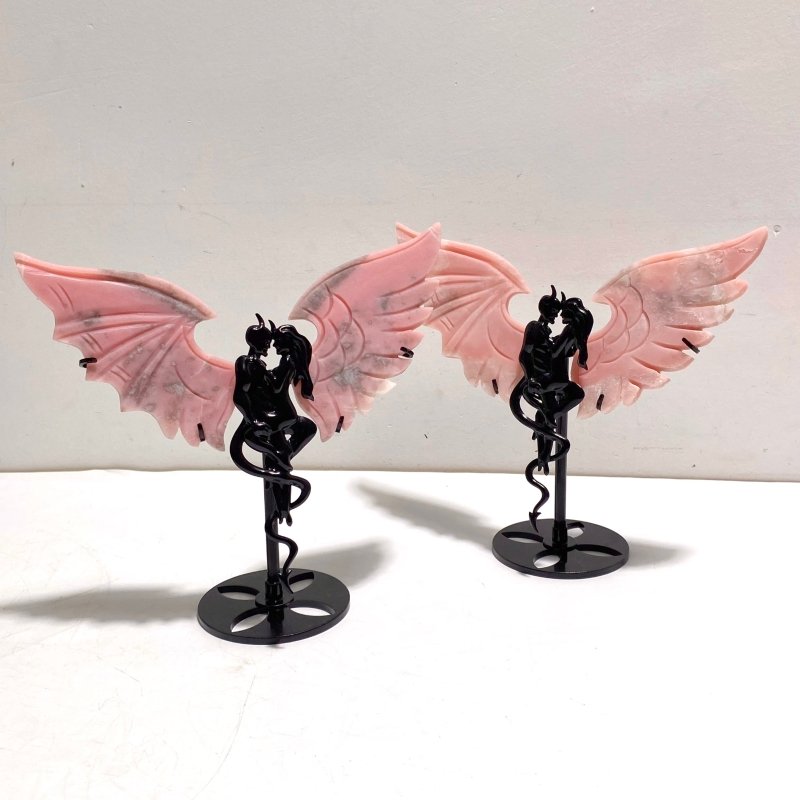 2 Pairs Pink Opal Demon Angel Wing Carving With Stand - Wholesale Crystals
