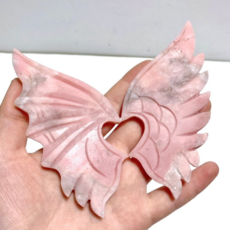 2 Pairs Pink Opal Demon Angel Wing Carving With Stand - Wholesale Crystals