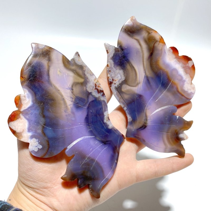 2 Pairs Sakura Flower Agate Butterfly Wing Carving With Stand - Wholesale Crystals