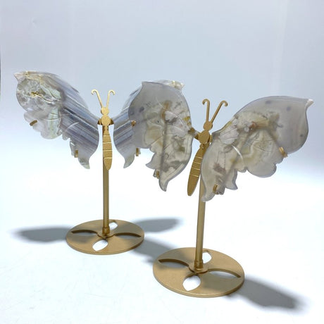 2 Pairs Sakura Flower Agate Butterfly Wing Carving With Stand - Wholesale Crystals