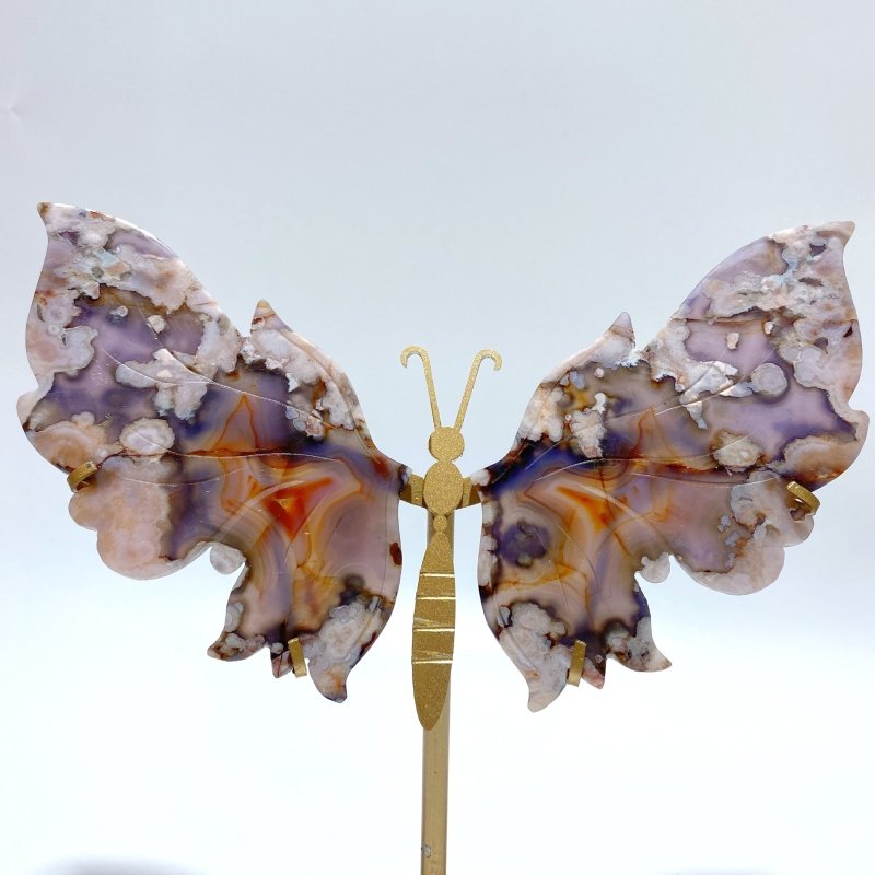2 Pairs Sakura Flower Agate Butterfly Wing Carving With Stand - Wholesale Crystals