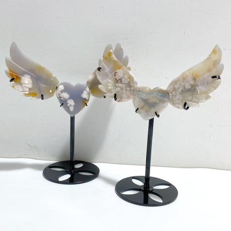 2 Pairs Sakura Flower Agate Heart Wing Carving With Stand -Wholesale Crystals