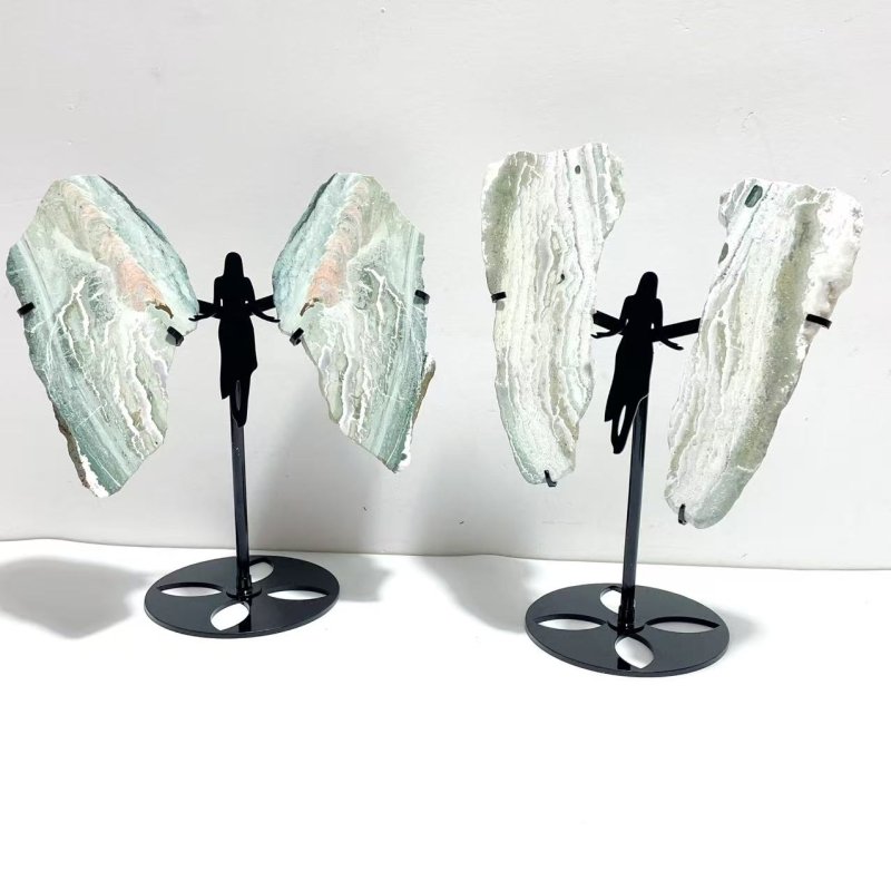 2 Pairs Stripe Moss Agate Slab Angel Wing With Stand - Wholesale Crystals