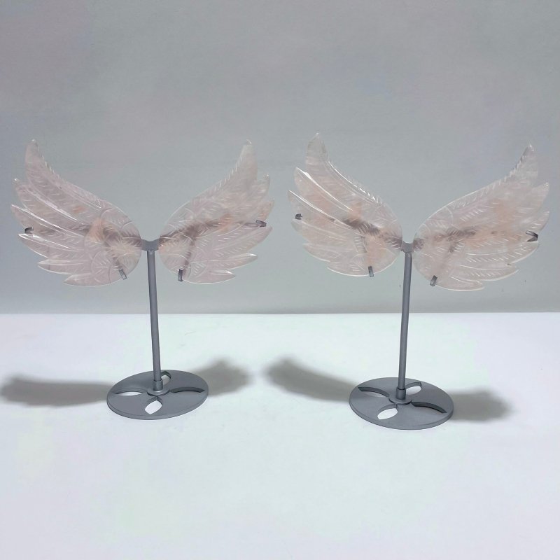 2 Pairs Unique Rose Quartz Angel Wing Carving With Stand - Wholesale Crystals