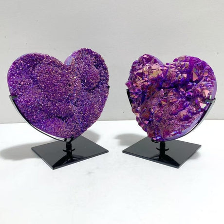 2 Pieces Aura Purple Quartz Cluster Heart With Stand 9 - Wholesale Crystals