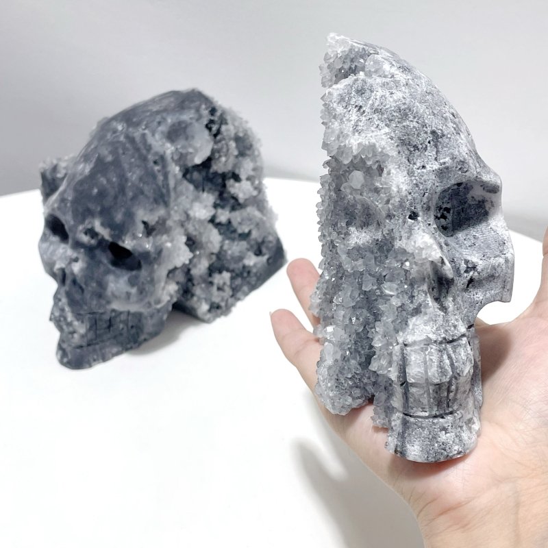 2 Pieces Black Clear Quartz Cluster Skull Carving - Wholesale Crystals