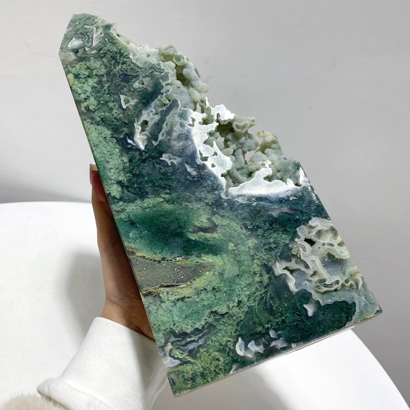 2 Pieces Large Druzy Moss Agate Geode Rough - Sided Tower - Wholesale Crystals