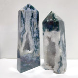 2 Pieces Large Geode Druzy Moss Agate Four - sided Point - Wholesale Crystals