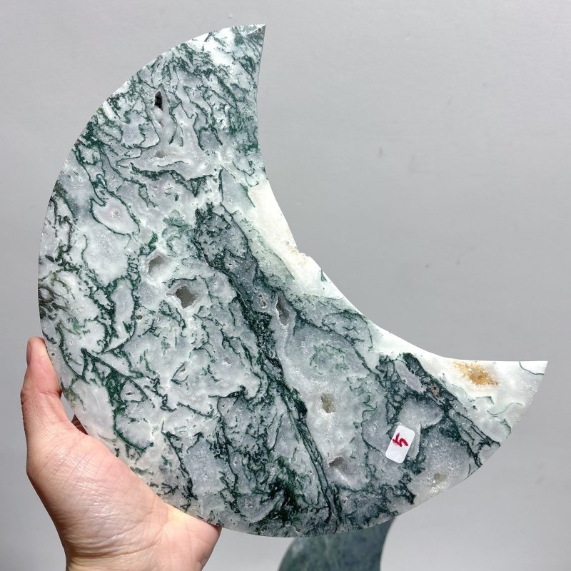 2 Pieces Large Moss Agate Moon Carving With Stand - Wholesale Crystals