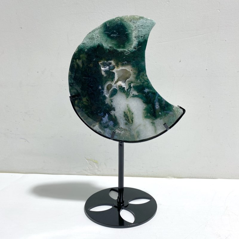 2 Pieces Large Moss Agate Moon Carving With Stand - Wholesale Crystals