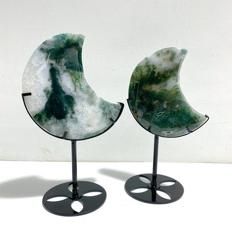 2 Pieces Large Moss Agate Moon With Stand Home Decor - Wholesale Crystals