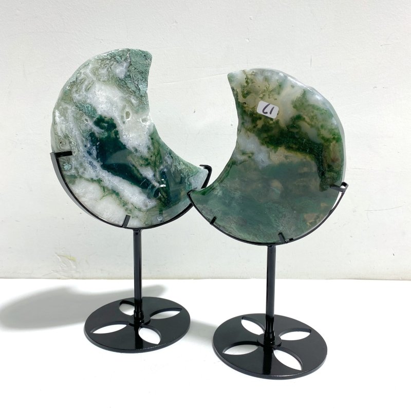 2 Pieces Large Moss Agate Moon With Stand Home Decor - Wholesale Crystals