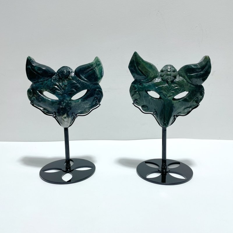 2 Pieces Moss Agate Fox Mask Carving With Stand - Wholesale Crystals