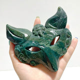 2 Pieces Moss Agate Fox Mask Carving With Stand - Wholesale Crystals