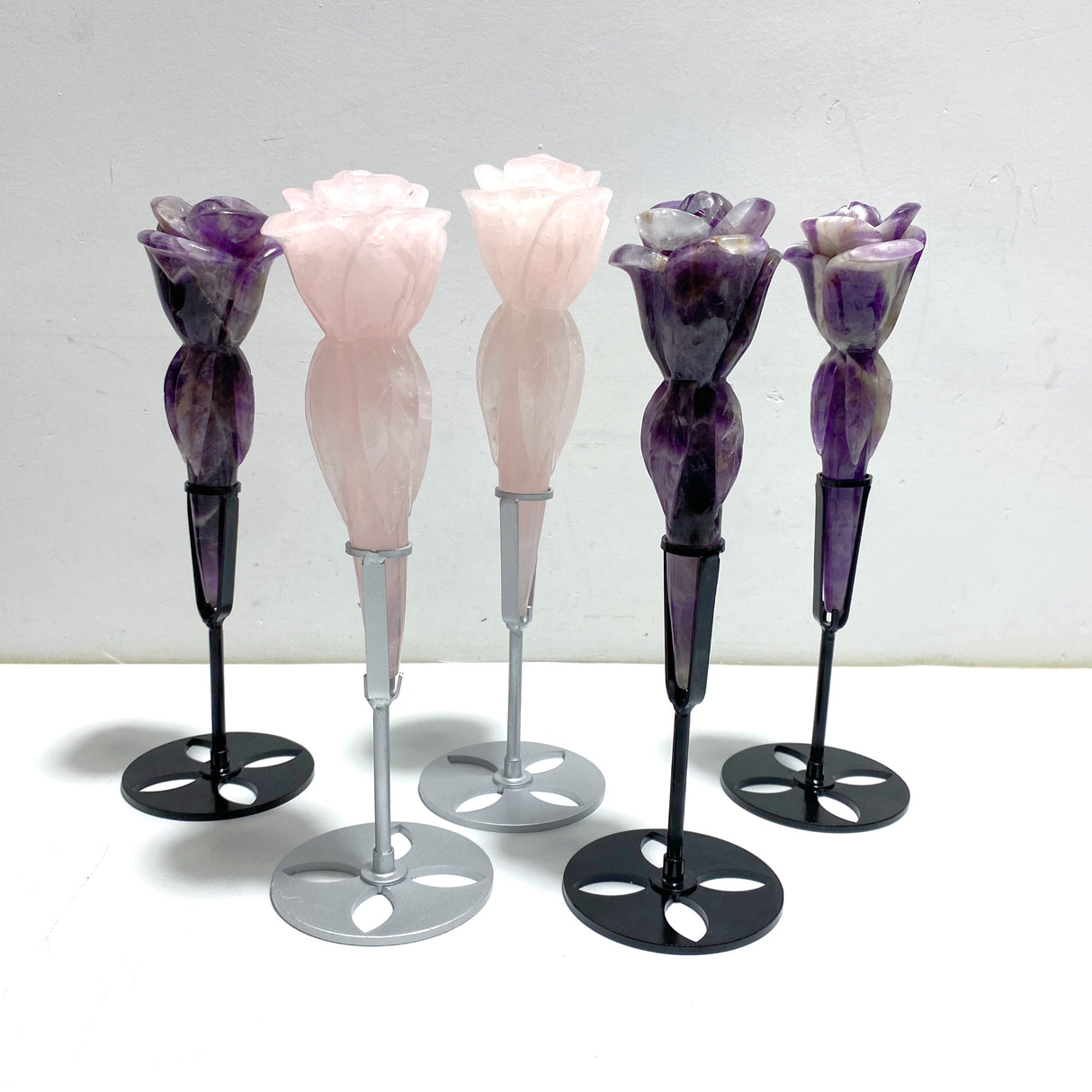 5 Pieces Rose Quartz Chevron Amethyst Flower Carving With Stand
