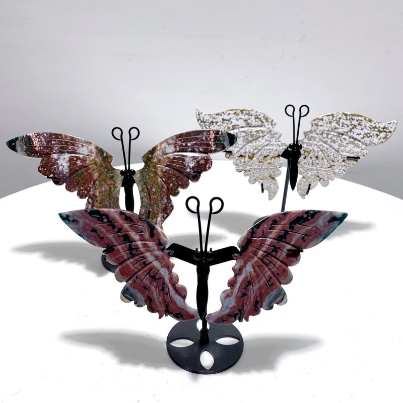 3 Pairs 8th Vein Ocean Jasper Butterfly Wing Carving With Stand #3 - Wholesale Crystals