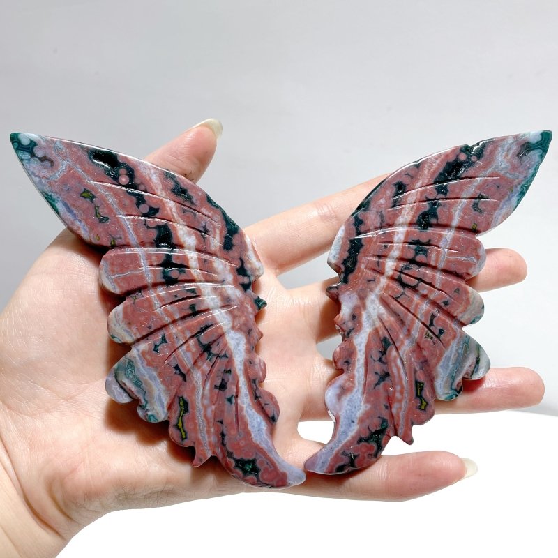 3 Pairs 8th Vein Ocean Jasper Butterfly Wing Carving With Stand #3 - Wholesale Crystals