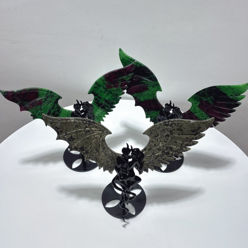 3 Pairs Demon and Angel Wing Carving With Stand Ruby Zoisite Pyrite - Wholesale Crystals