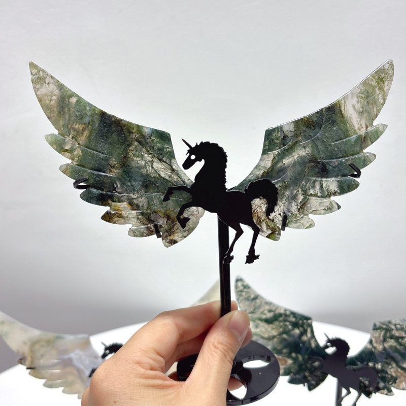 3 Pairs Pegasus Wing Carving With Stand Moss Agate - Wholesale Crystals