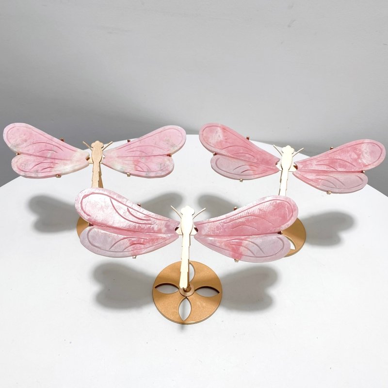 3 Pairs Pink Opal Dragonfly Wing Carving With Stand - Wholesale Crystals