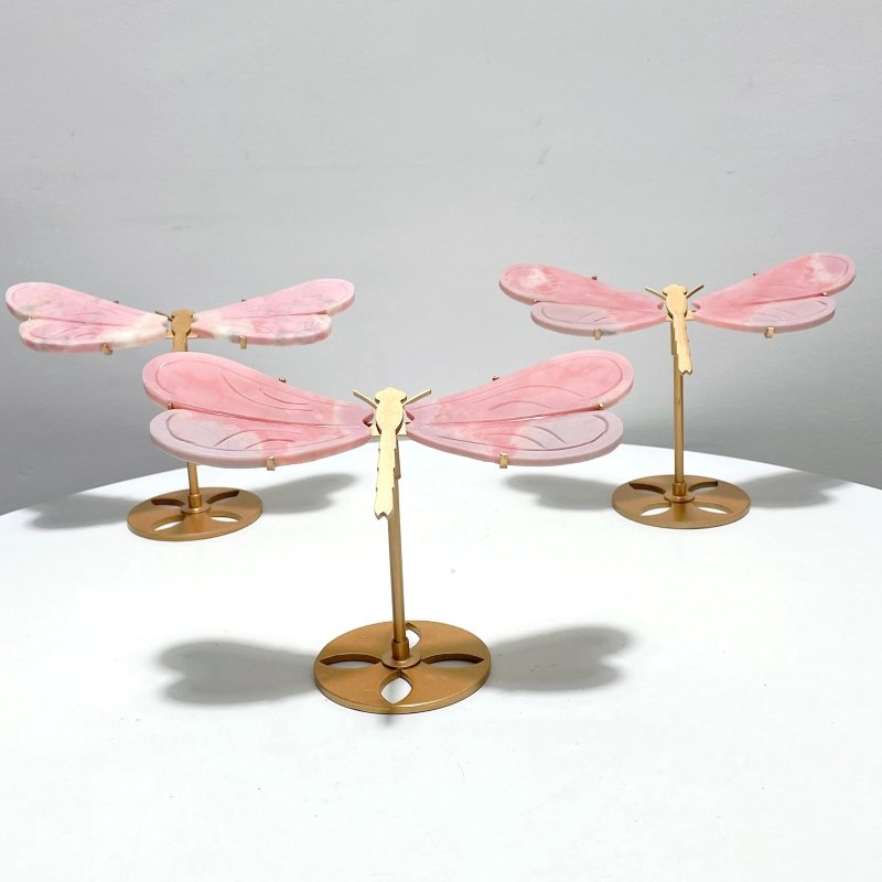 3 Pairs Pink Opal Dragonfly Wing Carving With Stand - Wholesale Crystals