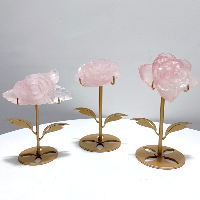 3 Pairs Rose Quartz Flower Carving With Stand - Wholesale Crystals