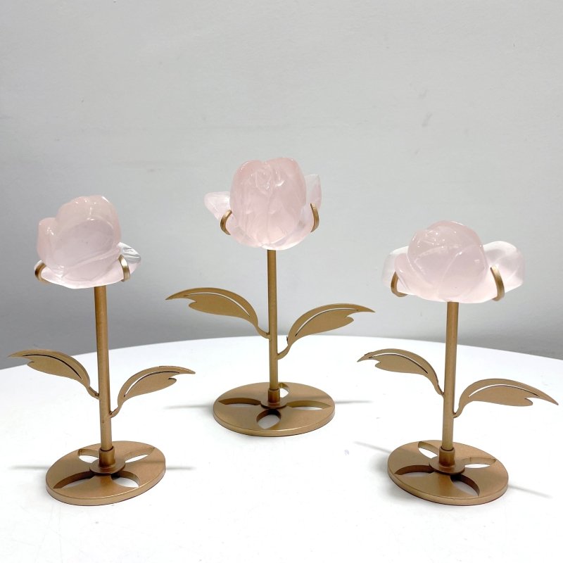 3 Pairs Rose Quartz Small Flower Carving With Stand - Wholesale Crystals