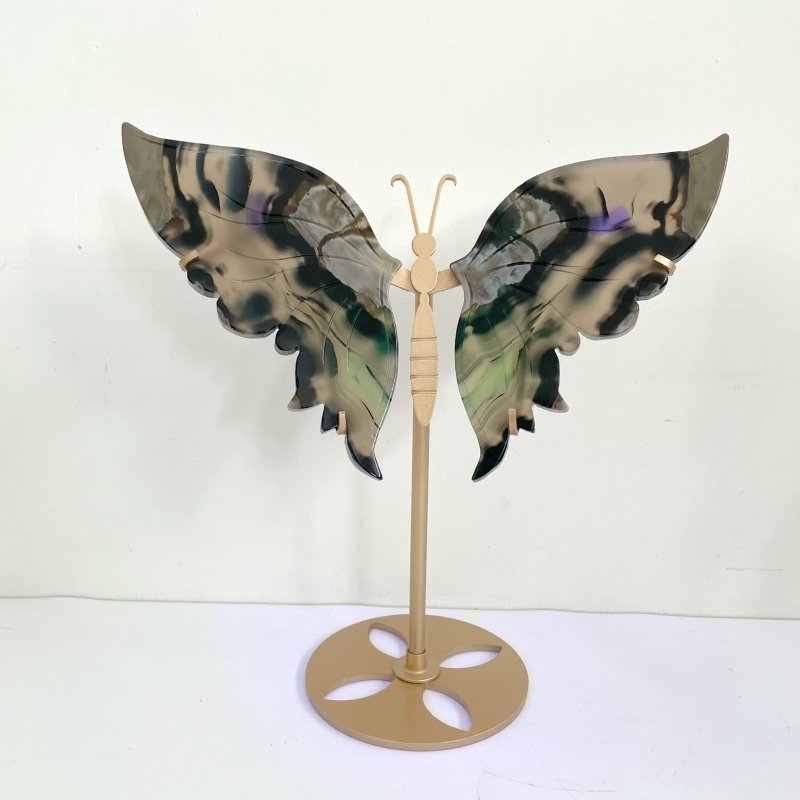 3 Pairs Volcano Agate Butterfly Wing Carving With Stand (UV Reactive) - Wholesale Crystals
