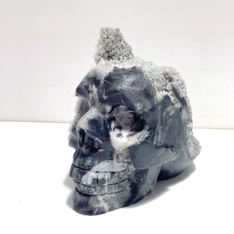 3 Pieces Black Clear Quartz Cluster Skull Carving - Wholesale Crystals