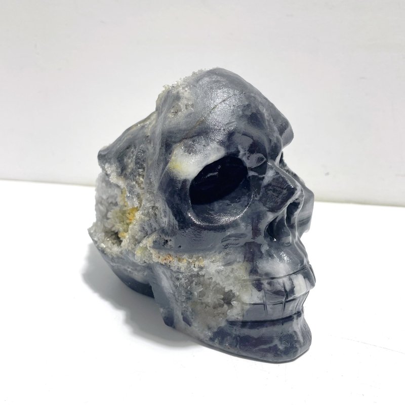 3 Pieces Black Clear Quartz Cluster Skull Carving - Wholesale Crystals