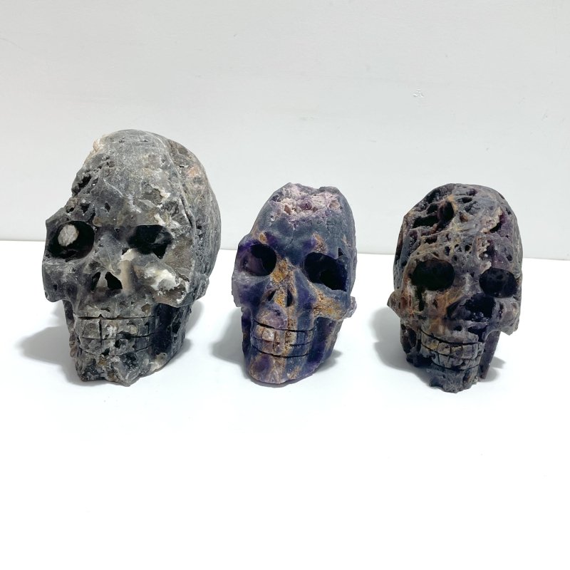 3 Pieces Large Purple Fluorite Skull Carving - Wholesale Crystals