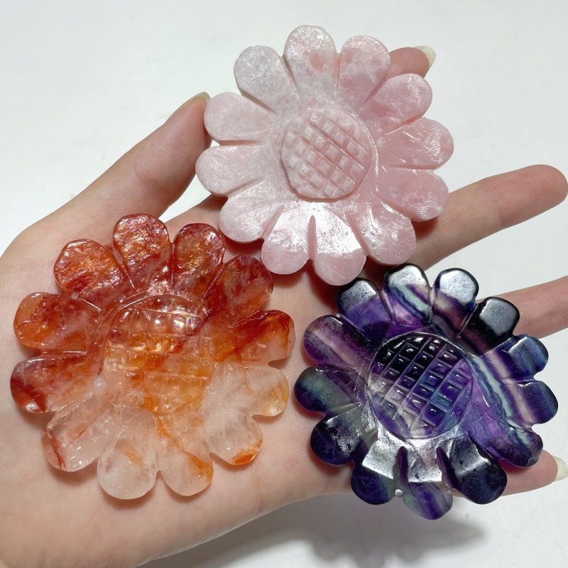 3 Pieces Sunflower Carving With Stand Pink Opal Fluorite Fire Quartz#1 - Wholesale Crystals