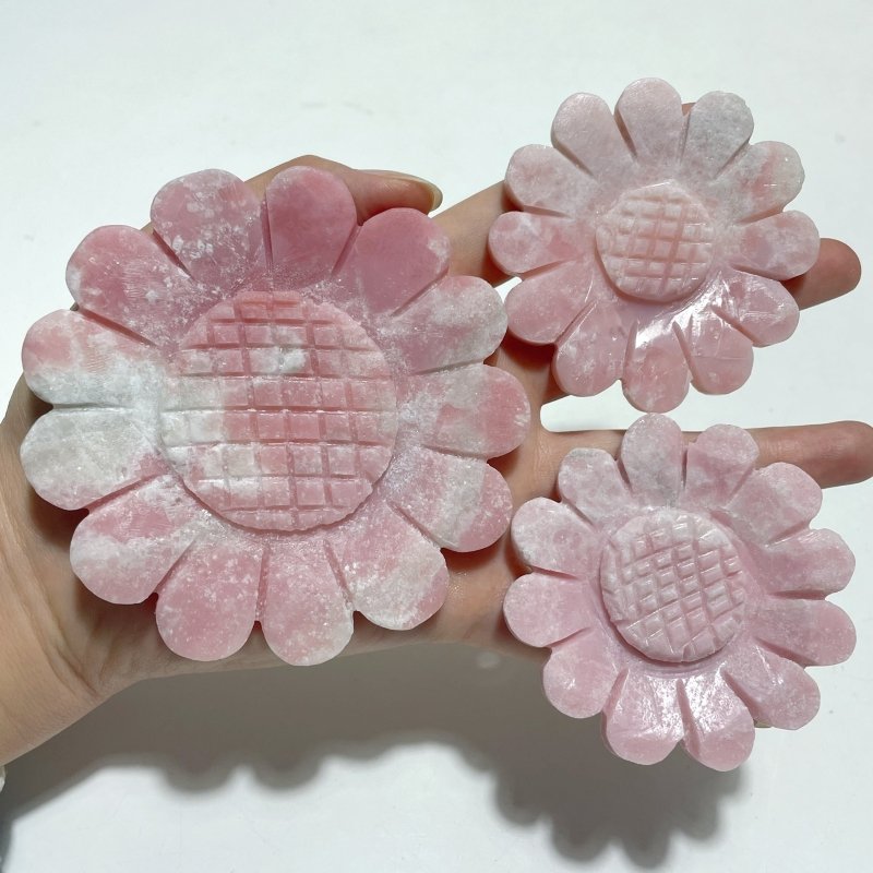 3 Pieces Sunflower Carving With Stand Pink Opal Fluorite Fire Quartz#1 - Wholesale Crystals