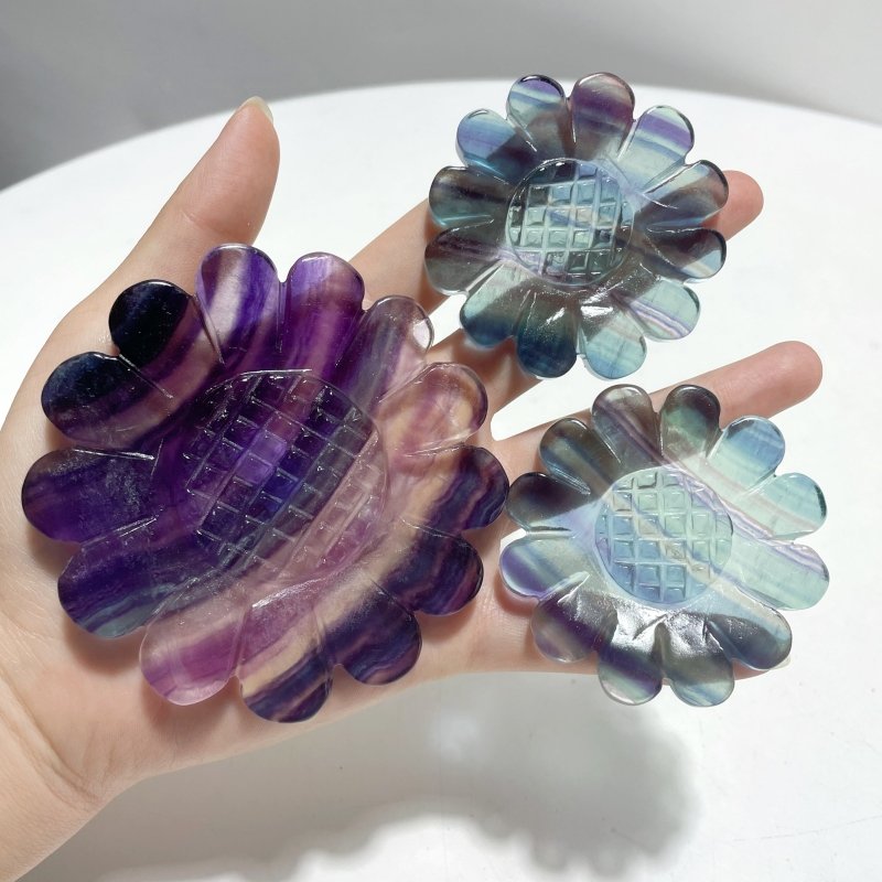 3 Pieces Unique Sunflower Carving With Stand Fire Quartz Fluorite Pink Opal#2 - Wholesale Crystals