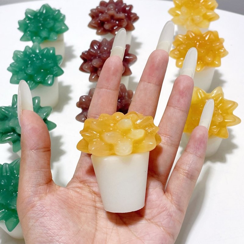 3 Types Succulent Potted Plants Carving Wholesale Yellow Calcite Strawberry Quartz Green Aventurine - Wholesale Crystals