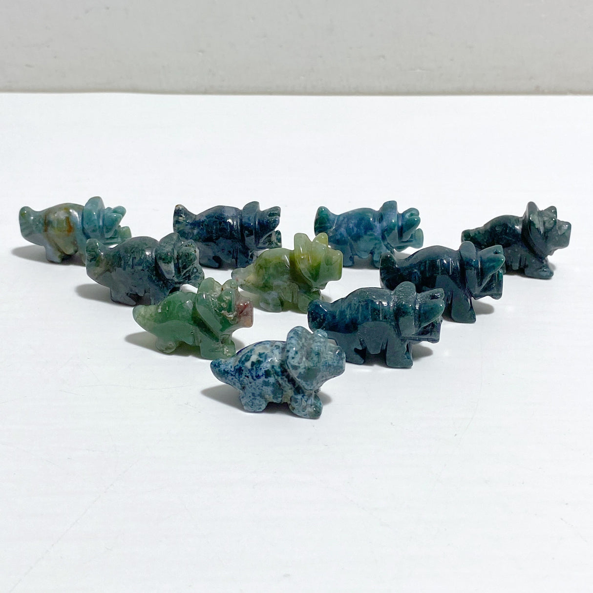 Mini Moss Agate Three Horns Dinosaur Carving Wholesale