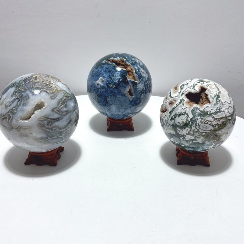 3Pieces Large Geode Moss Agate Large Sphere - Wholesale Crystals