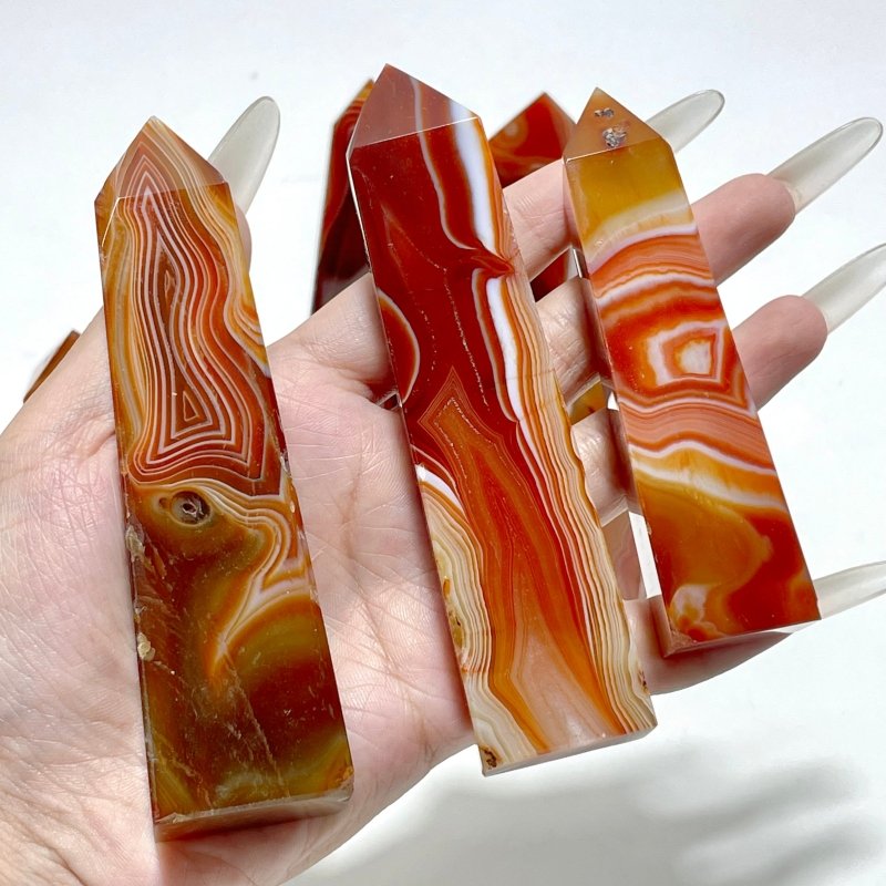 4 - 6in Red Carnelian Stripe Tower Point Crystal Wholesale - Wholesale Crystals