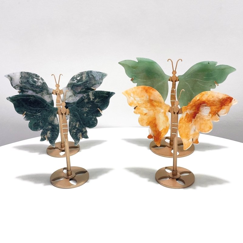 4 Pairs Beautiful Butterfly Carving With Stand Moss Agate Golden Hematoid Quartz - Wholesale Crystals