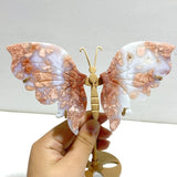 4 Pairs Pink Agate Butterfly Wing Carving With Stand - Wholesale Crystals