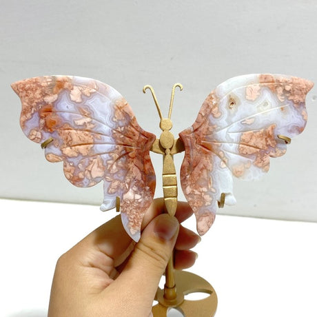 4 Pairs Pink Agate Butterfly Wing Carving With Stand - Wholesale Crystals