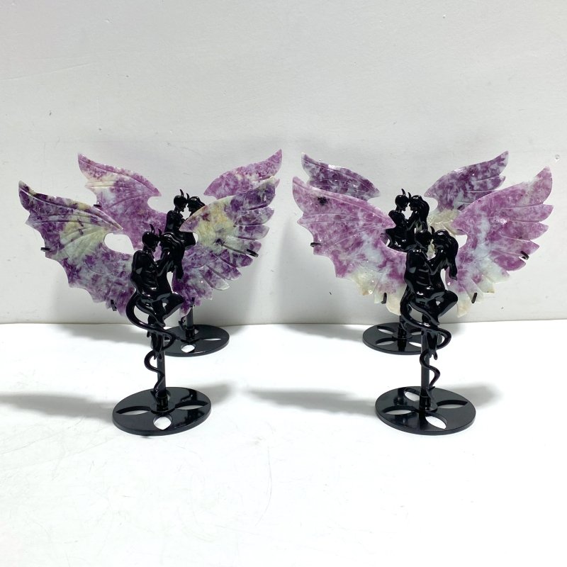 4 Pairs Spark Lepidolite Demon Angel Wing Carving With Stand - Wholesale Crystals